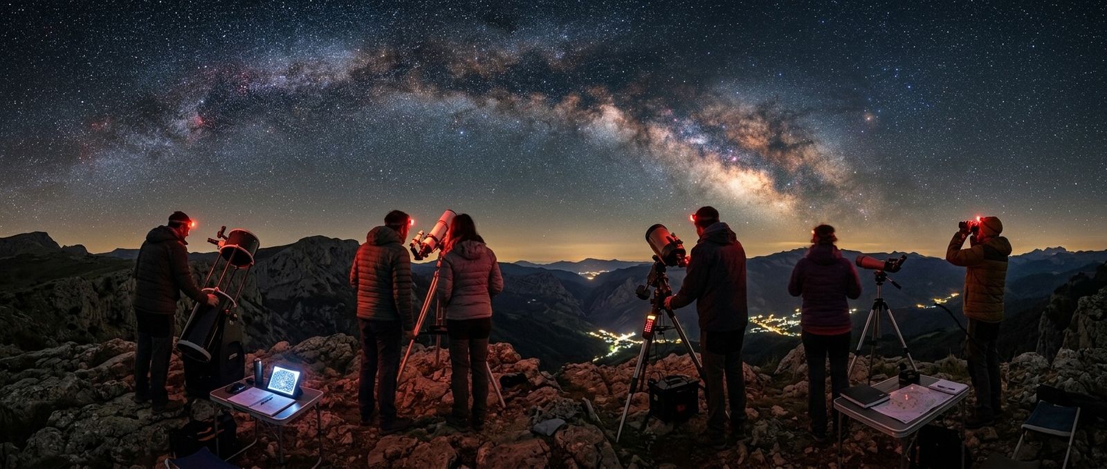 Grupo de observación astronómica bajo la Vía Láctea, en una salida de montaña